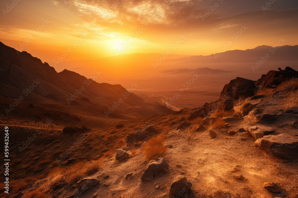 Sunset over a Rugged Mountain Range with a Dusty Desert in the Foreground, generative ai