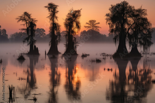 Sunset Over a Misty Swamp with Cypress Trees and Water Reflections, generative ai