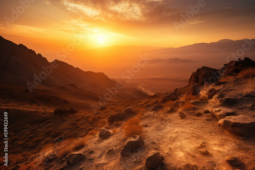 Sunset over a Rugged Mountain Range with a Dusty Desert in the Foreground, generative ai