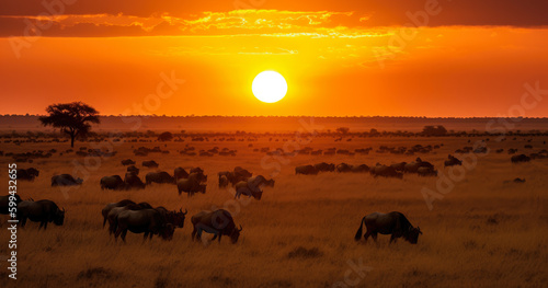Sunset Over a Vast African Savanna Teeming with Wildlife  generative ai