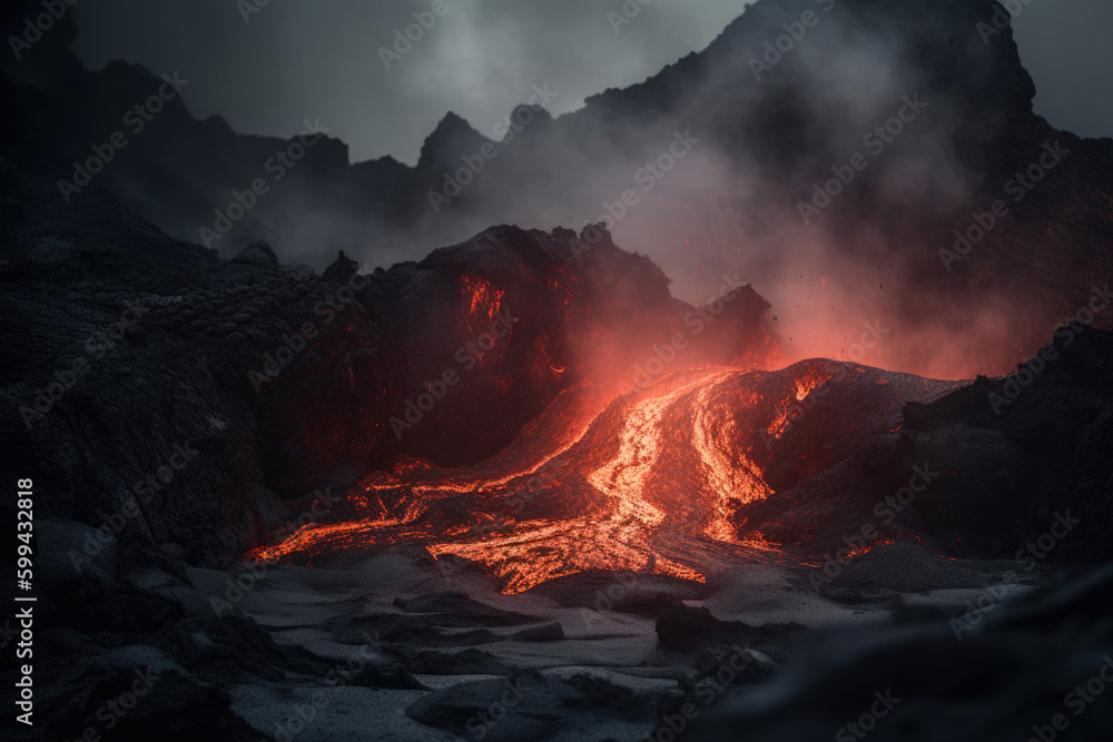 The Magnificence of Volcanic Fury Dynamic View of a Smoking Crater with Red-Hot Lava, generative ai