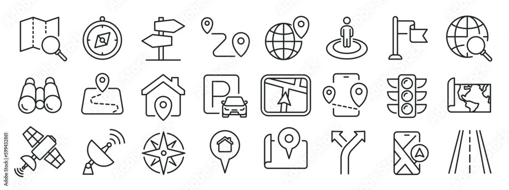 Navigation thin line icons. Editable stroke. For website marketing design, logo, app, template, ui, etc. Vector illustration. Navigation thin line icons. Editable stroke. For website marketing design, logo, app, template, ui, etc. Vector illustration.