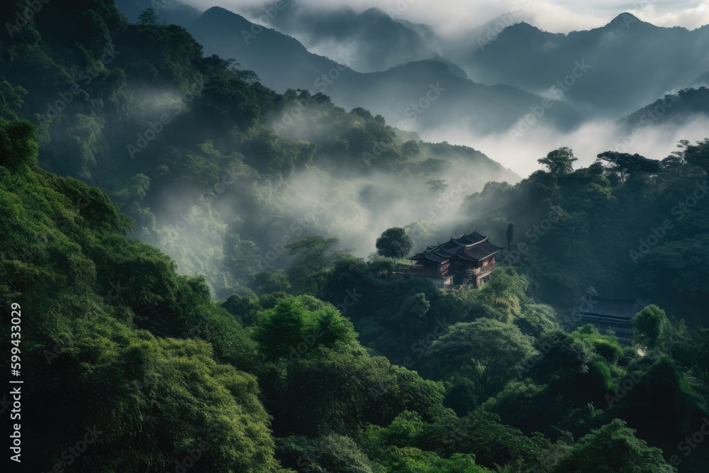 The Mystical Mountains mist-covered mountain range with winding roads slicing through dense forests, leading to a hidden temple nestled in the valley, generative ai