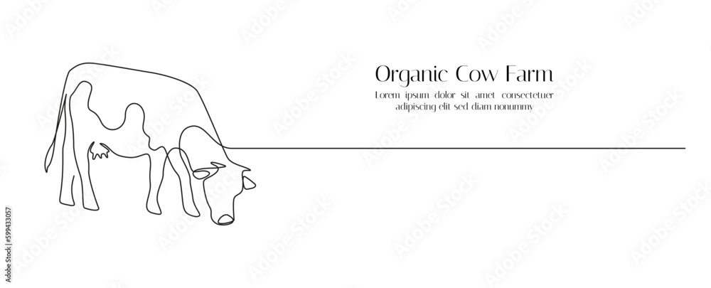 Cow eats grass in One continuous line drawing. Milk cattle animal on pasture symbol and beef meat farm concept in simple linear style. Editable stroke. Doodle outline vector illustration