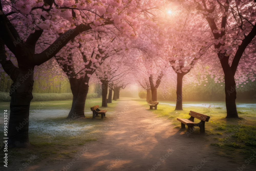 Tranquil Cherry Blossom Grove in a Serene Park, generative ai