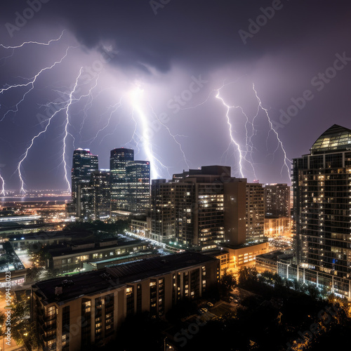 Thunderous lightning storm over a bustling cityscape, generative ai