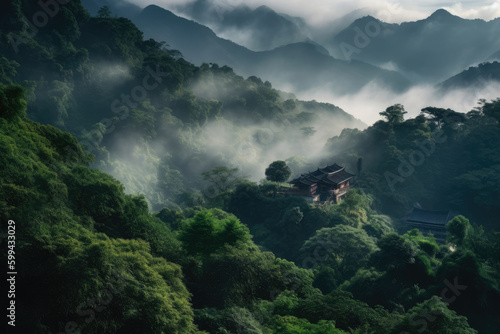 The Mystical Mountains mist-covered mountain range with winding roads slicing through dense forests, leading to a hidden temple nestled in the valley, generative ai