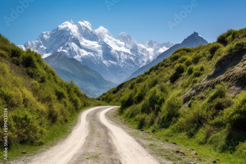 The Road to Adventure winding mountain road leading to a snow-capped peak with a clear blue sky in the background and lush greenery on either side, generative ai
