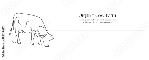 Cow eats grass in One continuous line drawing. Milk cattle animal on pasture symbol and beef meat farm concept in simple linear style. Editable stroke. Doodle outline vector illustration