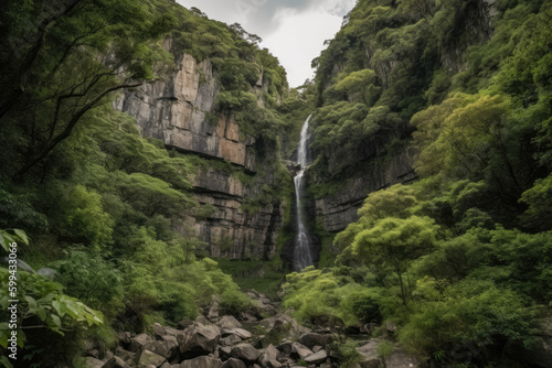 Towering Cliff Face with Cascading Waterfall and Lush Greenery, generative ai