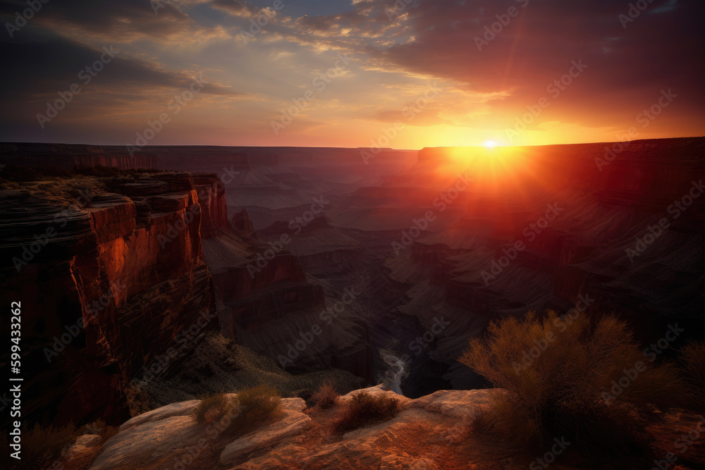 Unforgettable Sunset over a Canyon with Mesmerizing Light, generative ai