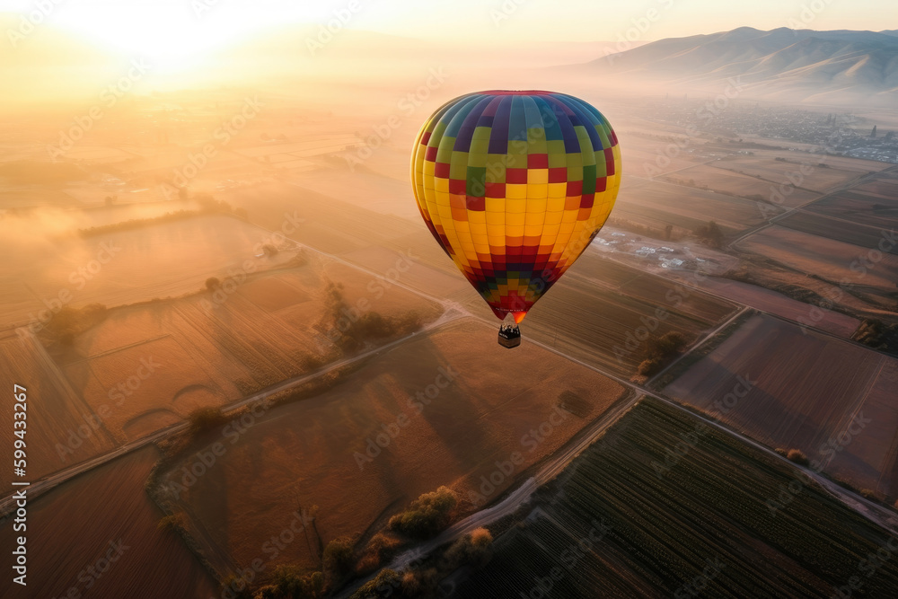 Obraz premium Valley Exploration from Above Hot Air Balloon Ride, generative ai
