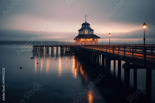 Tranquil Seaside Town Pier and Lighthouse at Dusk, generative ai
