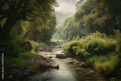 Tranquil Valley with a Babbling Brook Flowing Through the Lush Greenery, generative ai