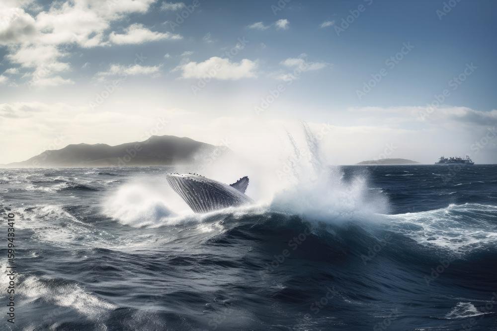 Whale Watching Adventure Majestic Ocean with Breaching Whales in the Distance, generative ai