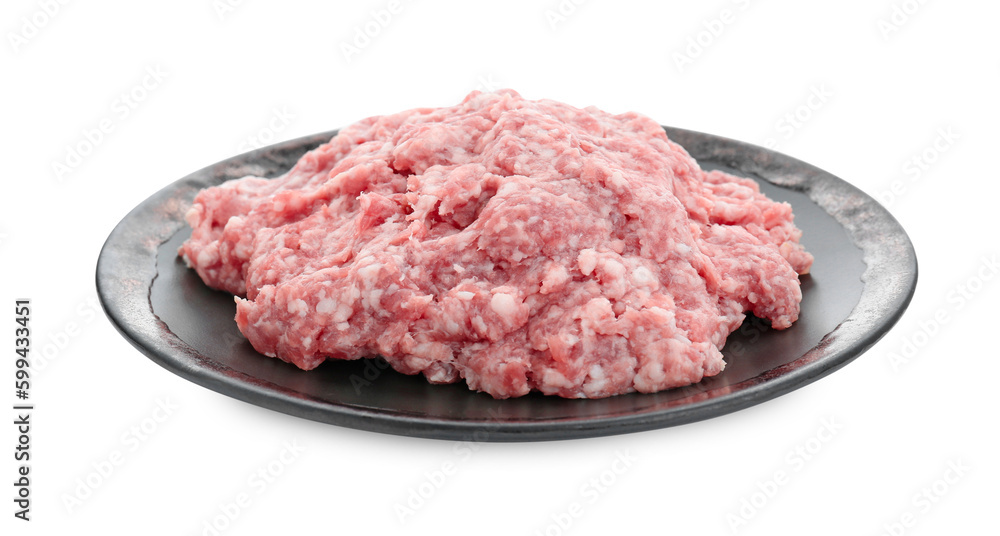 Plate with raw fresh minced meat isolated on white