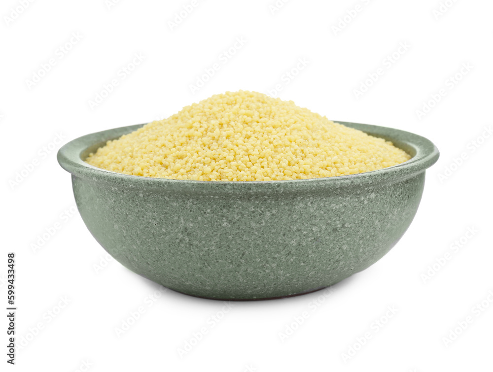 Bowl of raw couscous isolated on white Bowl of raw couscous isolated on white