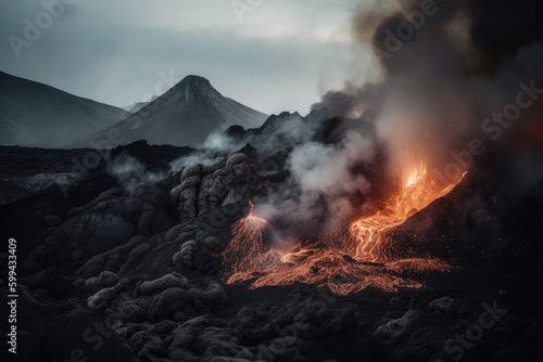 Volcanic Apocalypse Spectacular View of Molten Lava and Ash Erupting from a Crater, generative ai