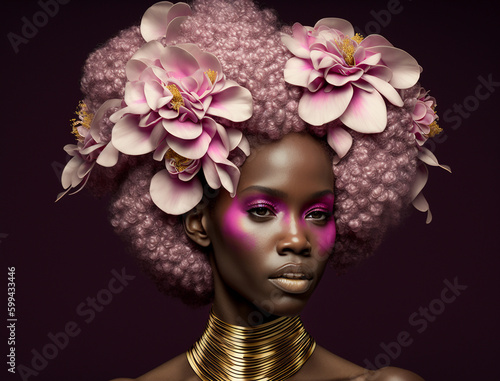 Fashion Afroamerikanisches Model Gesicht mit Blumen Kopfschmuck Nahaufnahme, ai generativ
