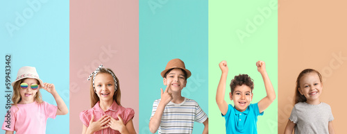Group of different little children on color background
