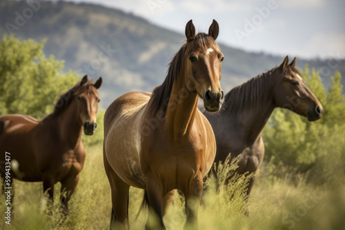 Wild Horses Enjoying a Sunny Day in a Green Meadow, generative ai