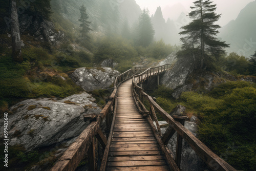 Wooden Bridge over a Misty Mountain Gorge, generative ai