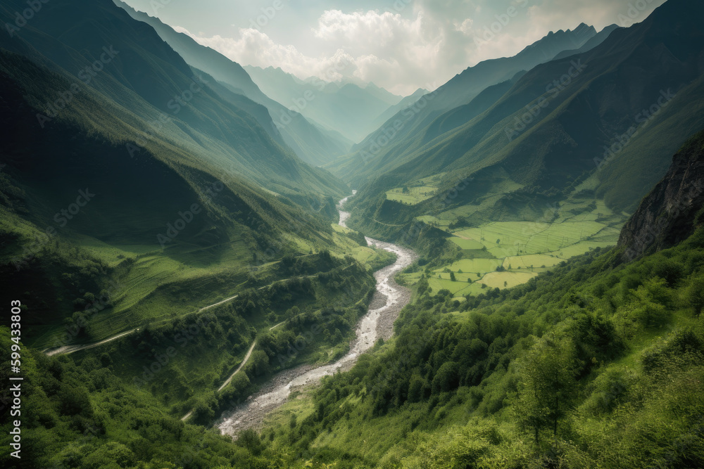 Ancient Mountain Range with Lush Green Forest and a River Running through the Valley, generative ai Ancient Mountain Range with Lush Green Forest and a River Running through the Valley, generative ai