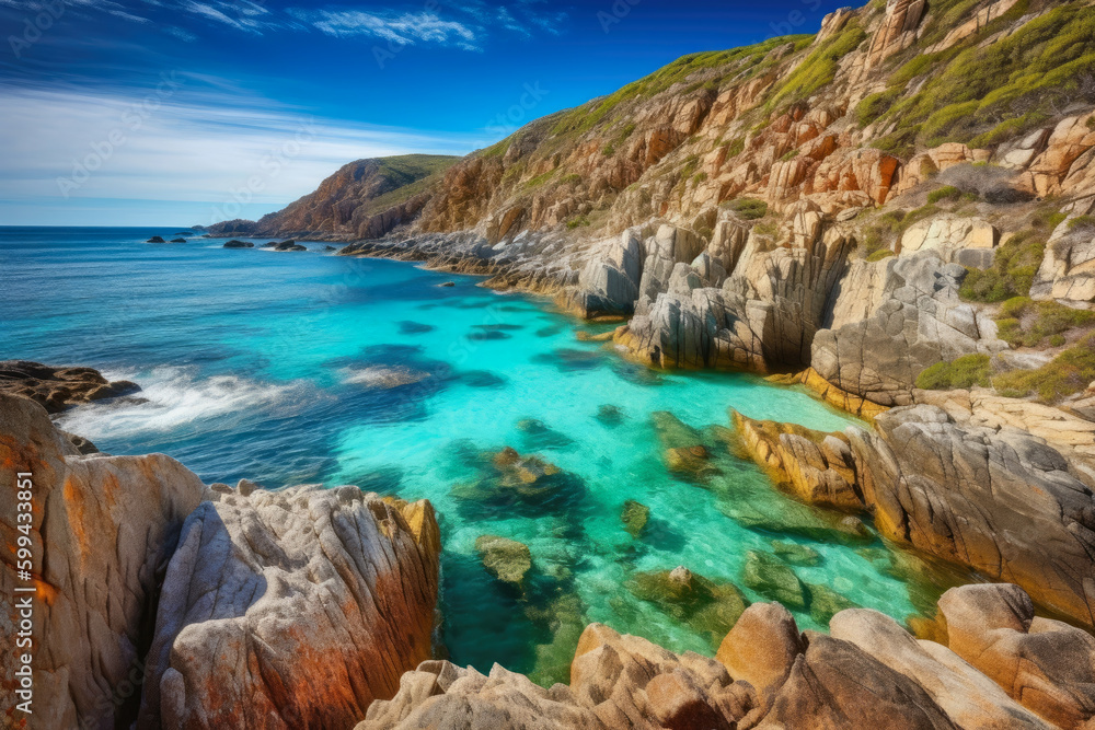 Artist's Dream Coastal Scene with Colorful Cliffs and Crystal Clear Waters, generative ai