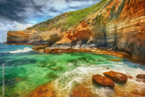 Artist's Dream Coastal Scene with Colorful Cliffs and Crystal Clear Waters, generative ai