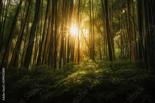 Bamboo Forest During the Golden Hour right before sundown, generative ai