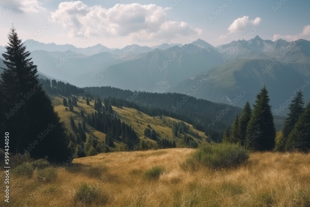 Breathtaking mountain vista from a tranquil hilltop meadow, with snow-capped peaks and lush evergreen forests, generative ai