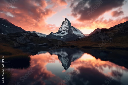 Breathtaking view of a snow-capped mountain peak with a dramatic sunset sky and a tranquil lake in the foreground, generative ai