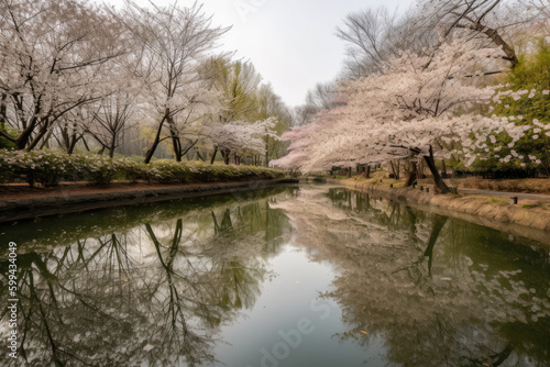 Blossoming Cherry Blossom Park with a Peaceful Pond, generative ai