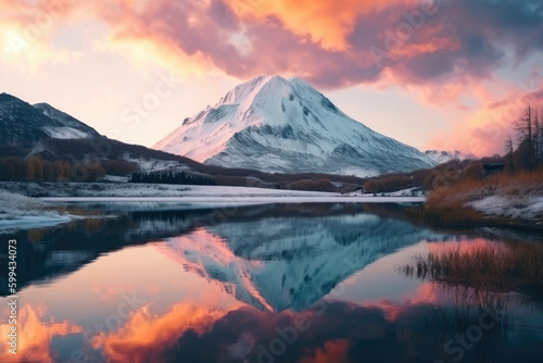 Breathtaking view of a snow-capped mountain peak with a dramatic sunset sky and a tranquil lake in the foreground  generative ai