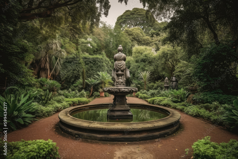 Captivating view of a tranquil park adorned with a stunning statue and a mesmerizing fountain, generative ai Captivating view of a tranquil park adorned with a stunning statue and a mesmerizing fountain, generative ai