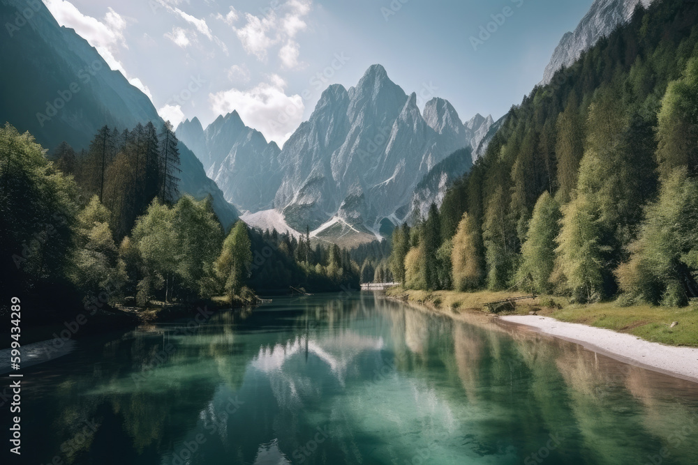 Captivating view of a majestic snow-capped mountain peak surrounded by lush green forests and a crystal-clear lake, generative ai