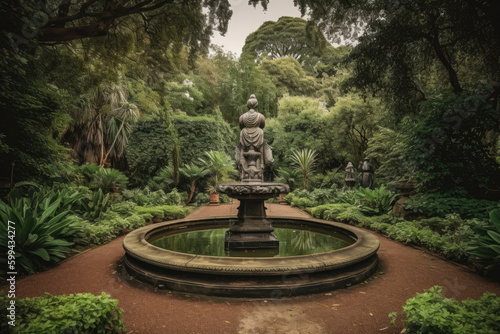 Captivating view of a tranquil park adorned with a stunning statue and a mesmerizing fountain, generative ai