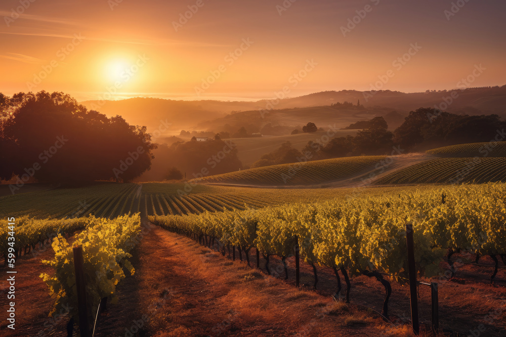 Chasing Sunsets at the Vineyard Idyllic View of Rolling Hills and Endless Grapevines, generative ai