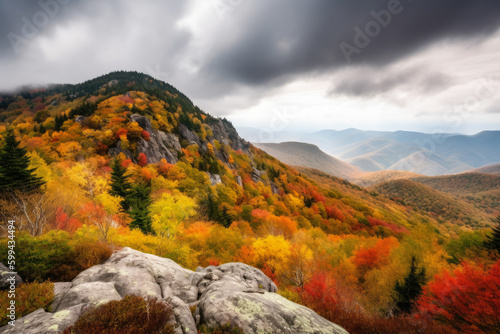 Colorful Autumn Foliage on a Mountain Range with Clouds Hovering Above, generative ai