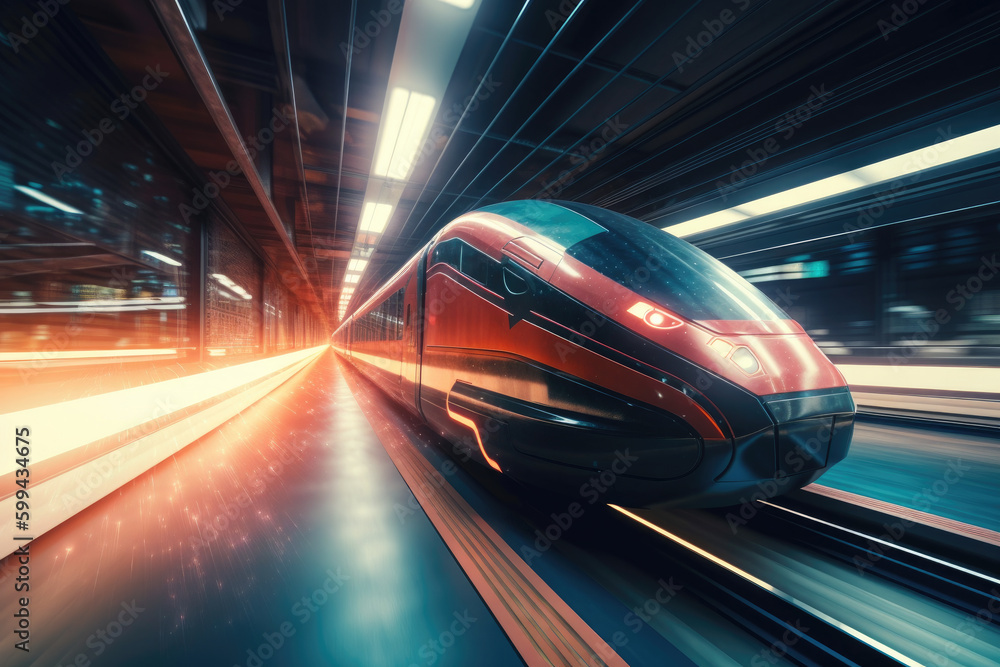 Fototapeta premium Futuristic train moving forward fast, motion blur. Generative AI.