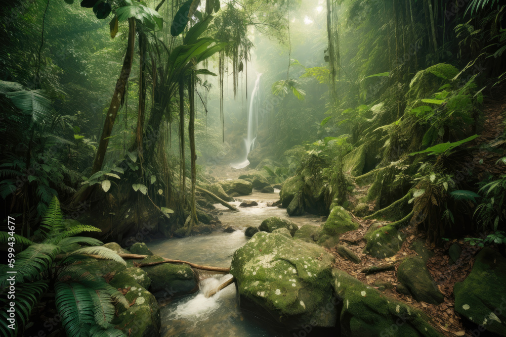 Dense Jungle with Hidden Waterfalls Glimpse into a Pristine Paradise, generative ai