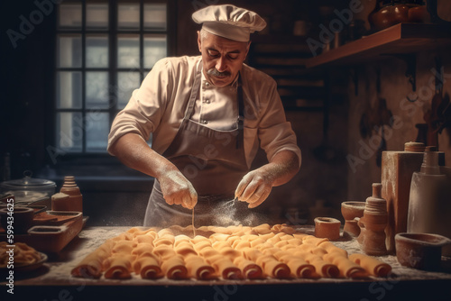Italian pasta cook working with dough for making tasty handmade pasta, AI generative Generative AI