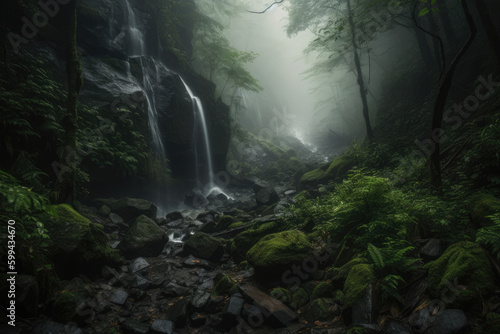 Discover a mystical waterfall hidden deep within a mystical mountain forest shrouded in a thick blanket of mist, generative ai