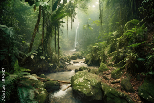 Dense Jungle with Hidden Waterfalls Glimpse into a Pristine Paradise  generative ai