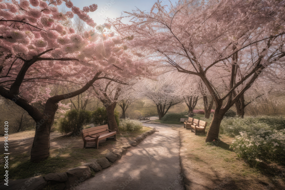 Dreamy Cherry Blossom Garden in a Park, generative ai Dreamy Cherry Blossom Garden in a Park, generative ai