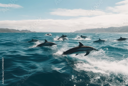 dreamy scene of a school of dolphins diving and jumping in the tranquil waters of the ocean  generative ai