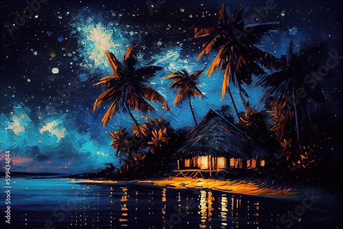 tropical island with palm trees at night