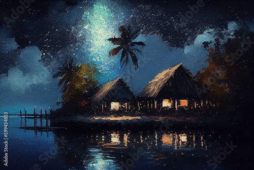 tropical island with palm trees at night