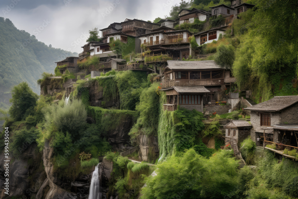 enchanting hillside village perched on a rocky outcrop, with cascading waterfalls and a sweeping view of a misty valley, generative ai
