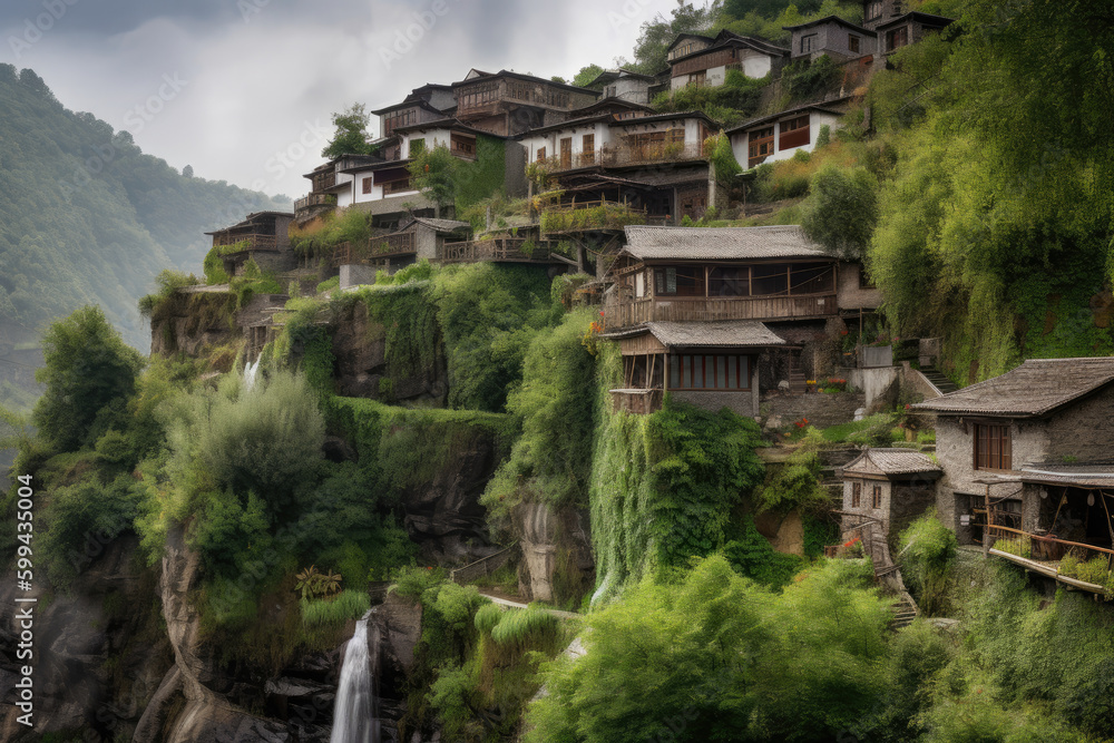 enchanting hillside village perched on a rocky outcrop, with cascading waterfalls and a sweeping view of a misty valley, generative ai enchanting hillside village perched on a rocky outcrop, with cascading waterfalls and a sweeping view of a misty valley, generative ai